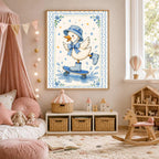 A framed illustration of a duck wearing blue polka-dot rain gear and skateboarding is hung on a wall next to a pink canopy bed and wooden rocking horse.