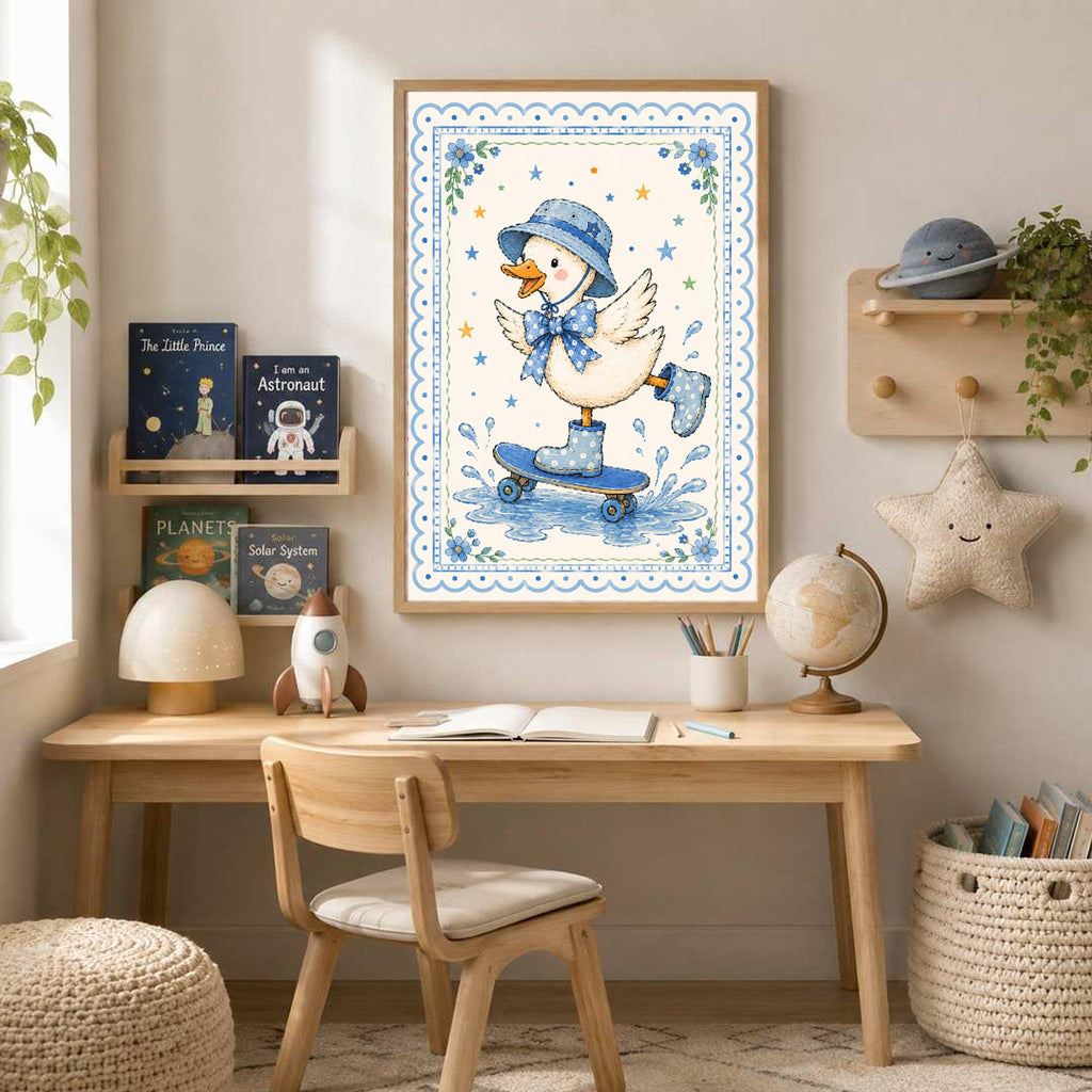 A framed watercolor illustration of a white duck wearing a blue polka-dot hat, bow tie, and rain boots while skateboarding in puddles, hanging above a child's wooden desk.