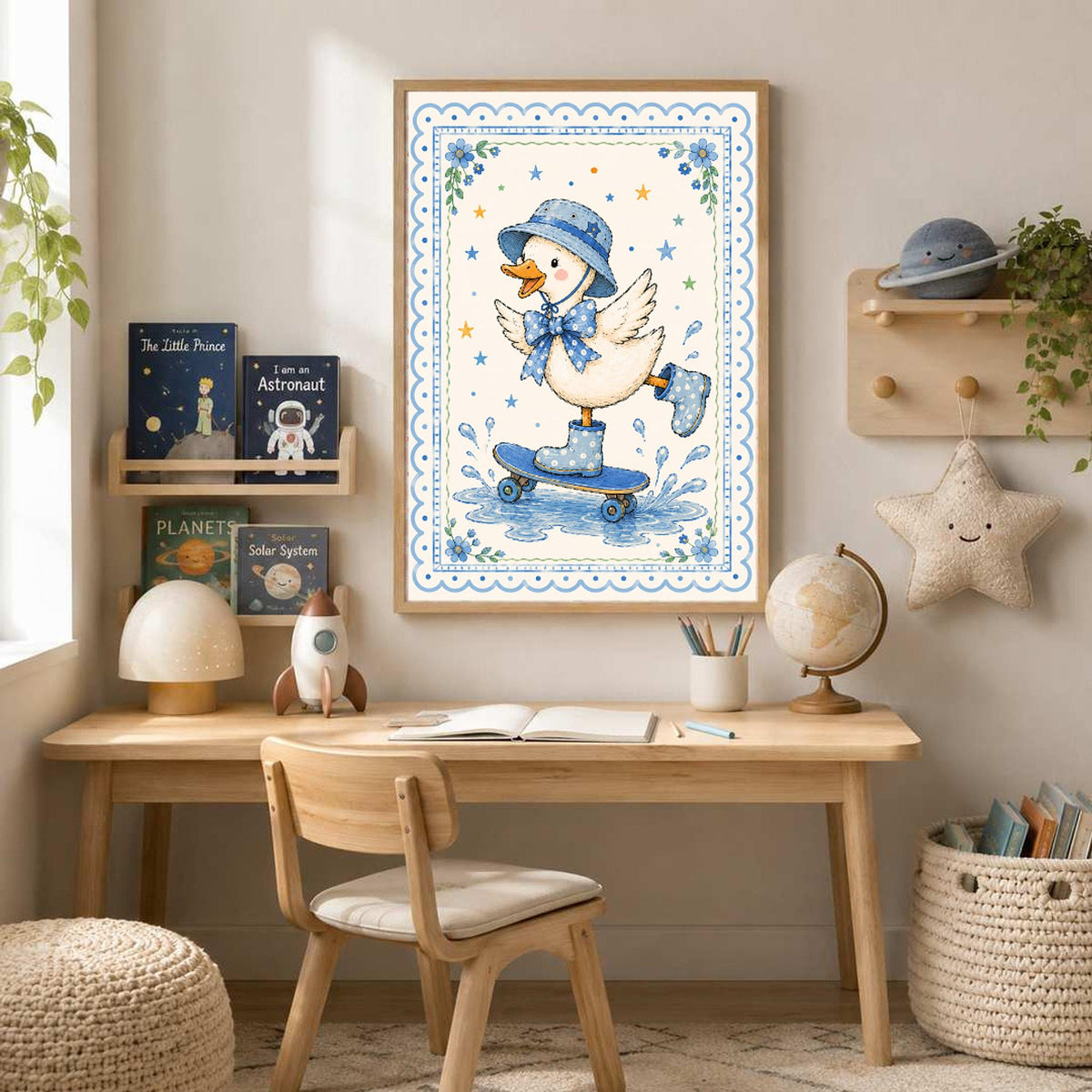 A framed watercolor illustration of a white duck wearing a blue polka-dot hat, bow tie, and rain boots while skateboarding in puddles, hanging above a child's wooden desk.