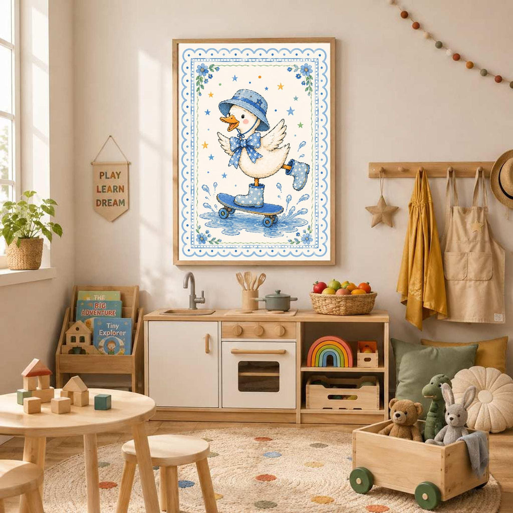 A framed watercolor print of a duck wearing a blue polka-dot hat, bow, and boots while riding a blue skateboard through blue water splatters hangs on a child's playroom wall.