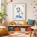 A framed print of a skateboarding duck wearing a blue hat and bow is displayed on a brightly colored children's playroom wall above a low shelving unit.