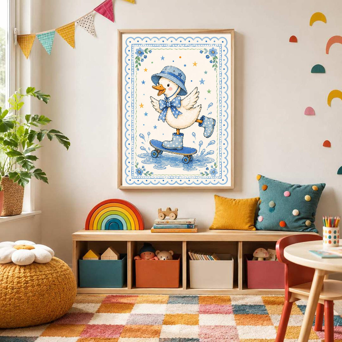A framed print of a skateboarding duck wearing a blue hat and bow is displayed on a brightly colored children's playroom wall above a low shelving unit.