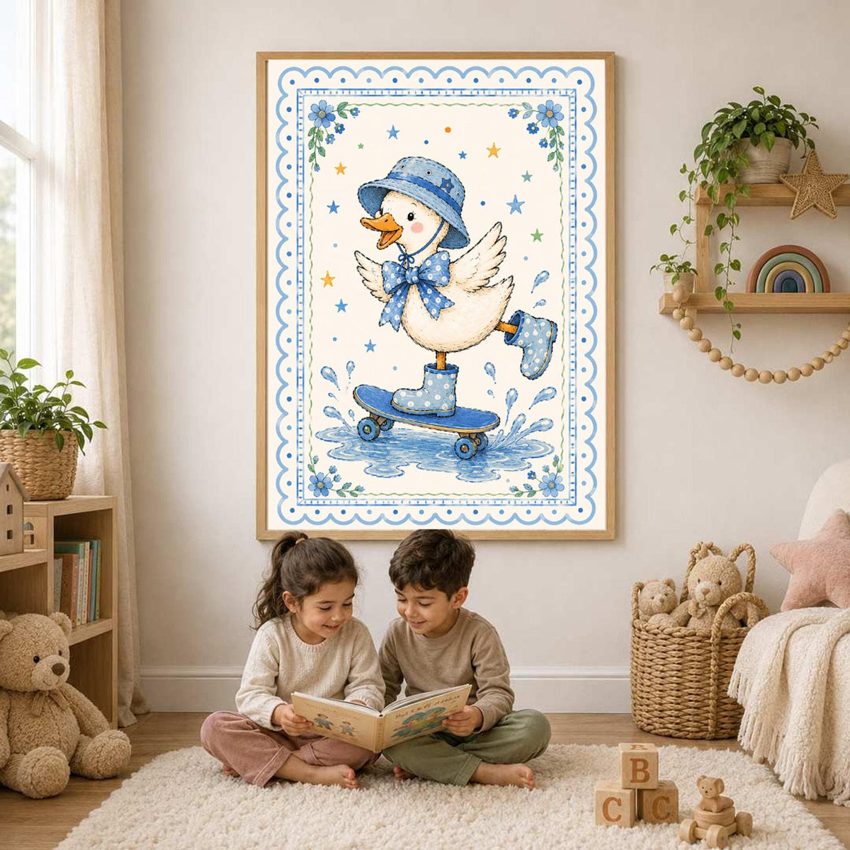 A framed print of a duck in a blue hat and rain boots skateboarding through water is centered on a neutral wall above two children reading a book on a rug.