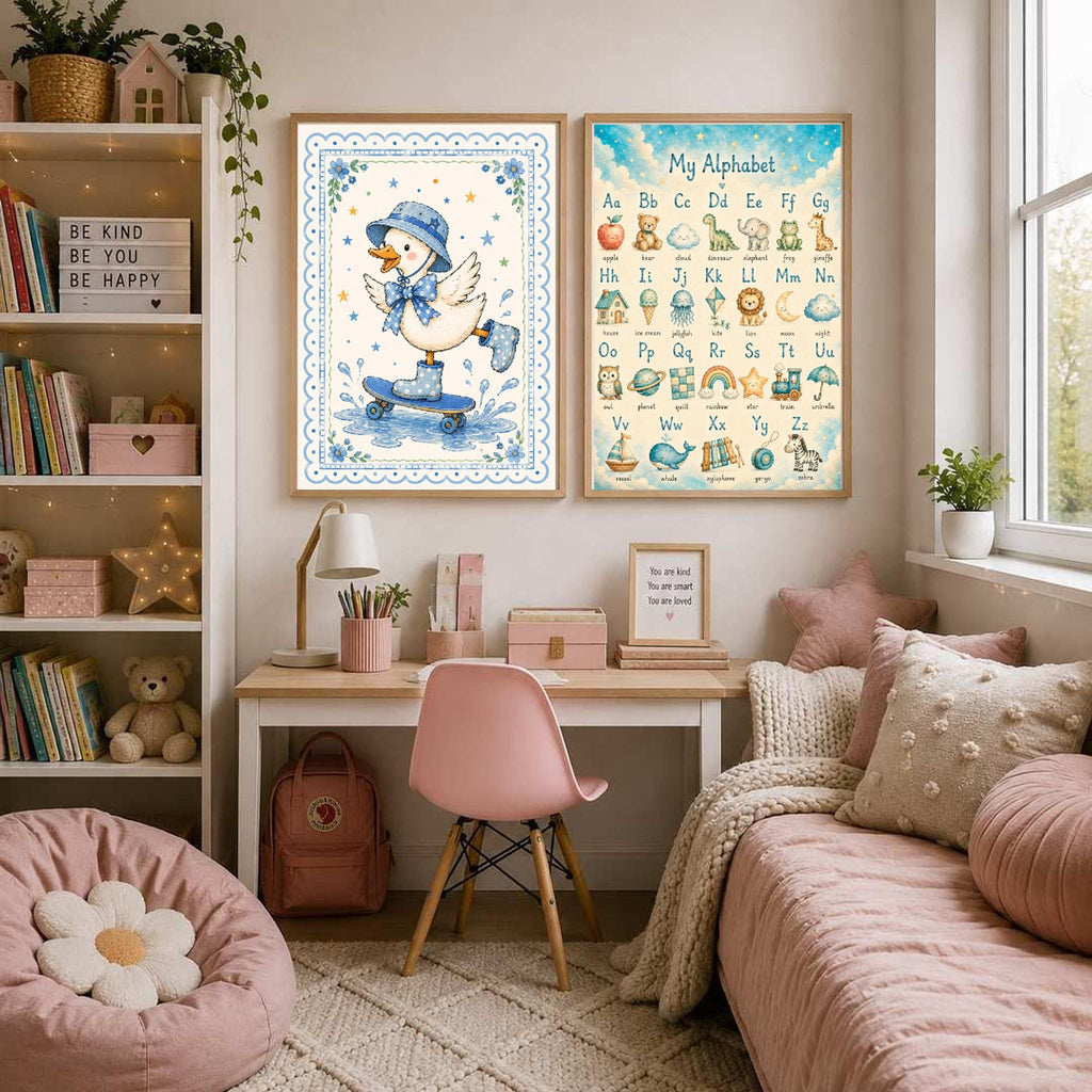 Two framed prints of a skateboarding duck and an alphabet poster hang side by side on a pink bedroom wall above a desk and daybed.