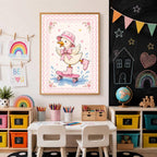 A framed pink duck on a skateboard print mounted above a child's activity desk with a chalkboard wall.