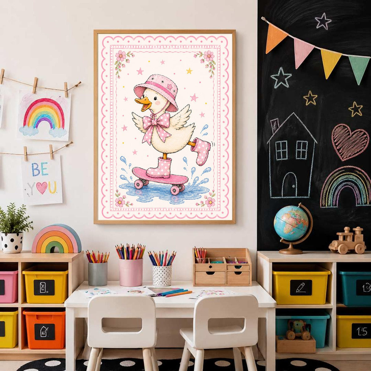 A framed pink duck on a skateboard print mounted above a child's activity desk with a chalkboard wall.