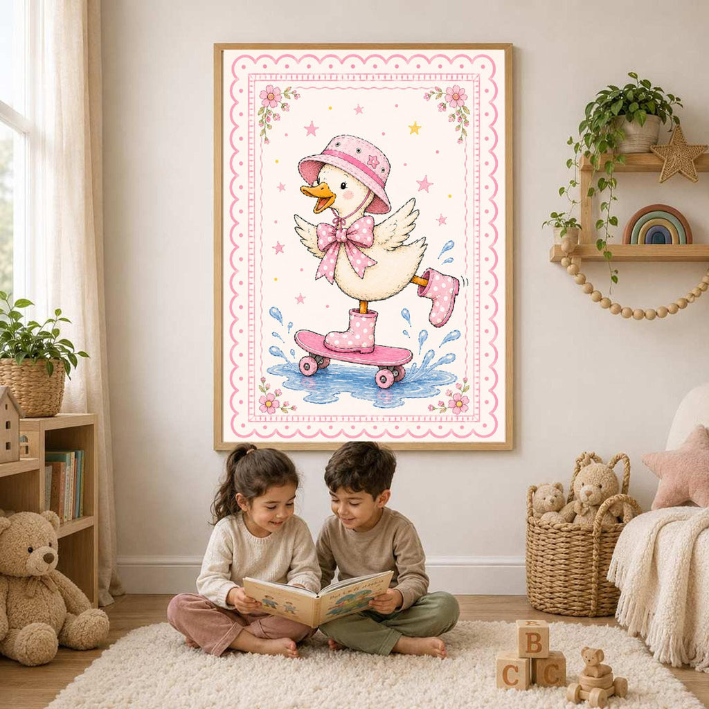 A framed print of a duck wearing a pink hat and boots skateboarding, hanging above two children reading.