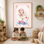 A framed print of a duck wearing a pink hat and boots skateboarding, hanging above two children reading.