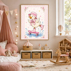 A framed duck skateboarder picture displayed on a wall in a nursery with a pink canopy bed.