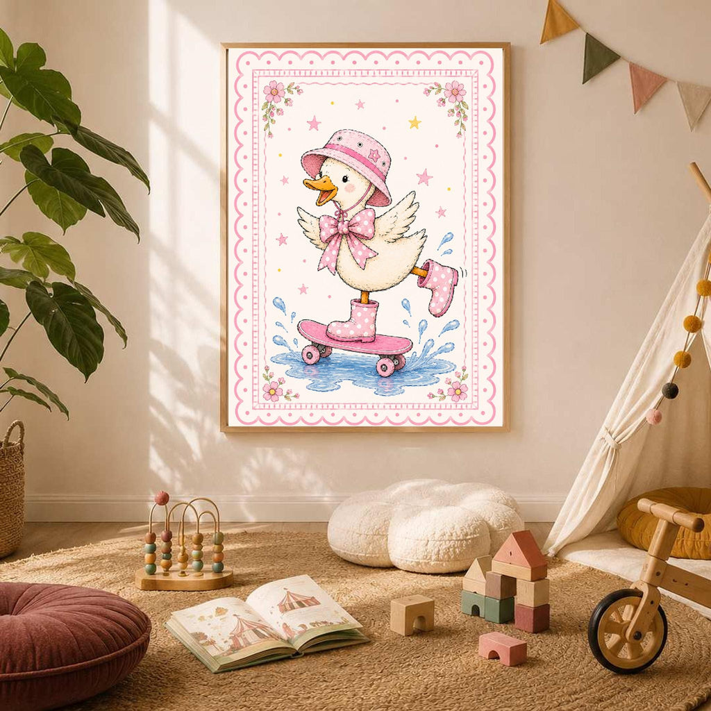 A framed watercolor duck illustration centered on a wall above a rug and children's toys.