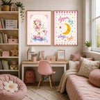 Two framed wall art prints showing a skateboarding duck and a crescent moon with the text dream big sleep tight.