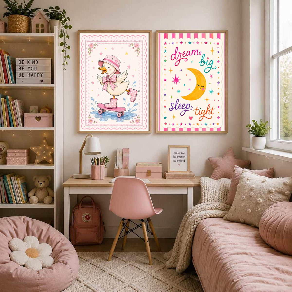 Two framed wall art prints showing a skateboarding duck and a crescent moon with the text dream big sleep tight.