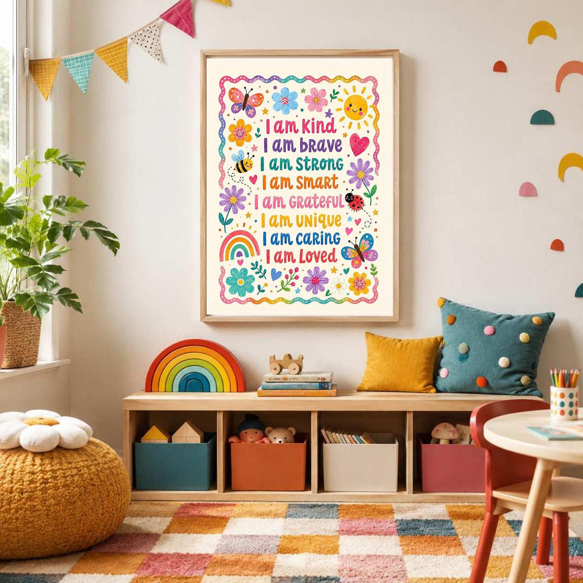 Framed affirmation print mounted on a white wall above a low wooden storage unit in a colorful playroom.