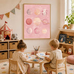 Two children sit at a small wooden table painting in front of a pink solar system poster mounted on the wall.