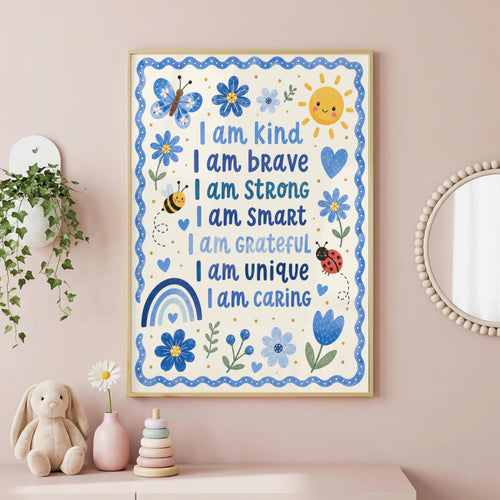 An affirmation poster for kids featuring positive statements surrounded by blue flowers, a sun, and a rainbow, hanging on a pink wall above a child's desk.