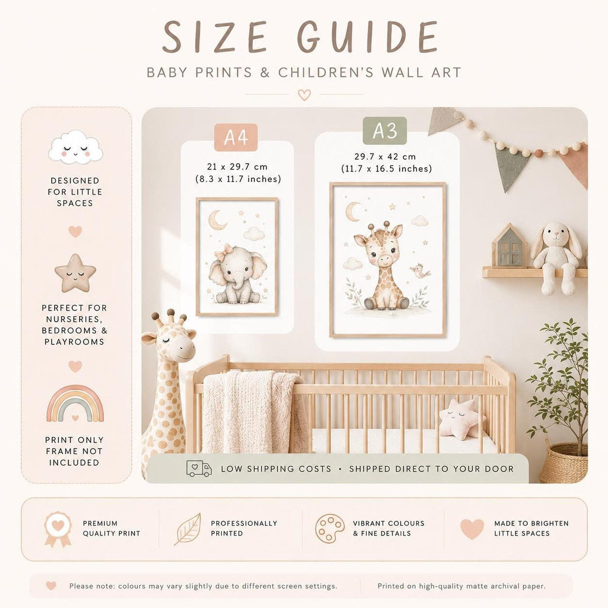 A size guide infographic displays dimensions for A4 and A3 art prints above a baby's crib setup.