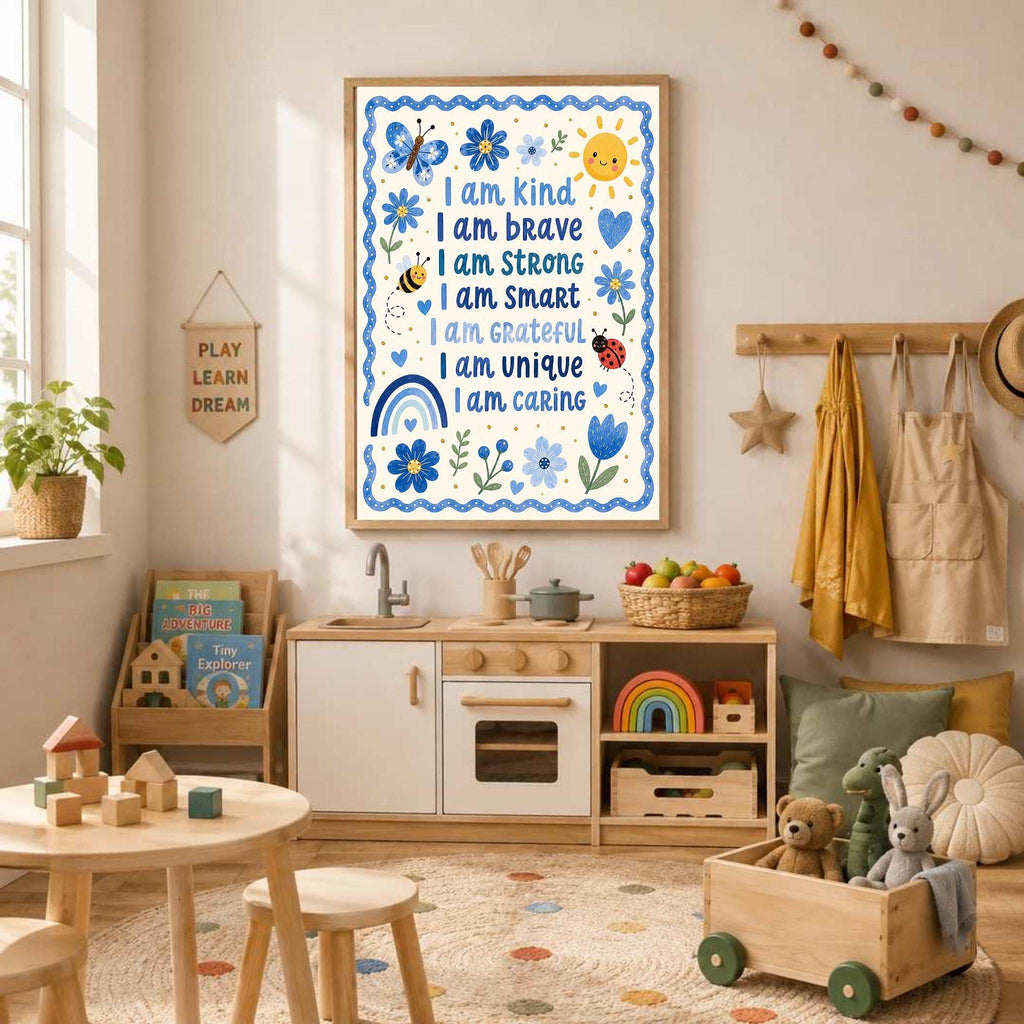 A children's affirmation poster with blue text and illustrations hangs on a white wall above a play kitchen and wooden table in a playroom.