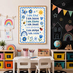 A framed kids affirmation print hangs on a white wall in a playroom beside a chalkboard wall, above a toy storage unit with yellow and green bins.