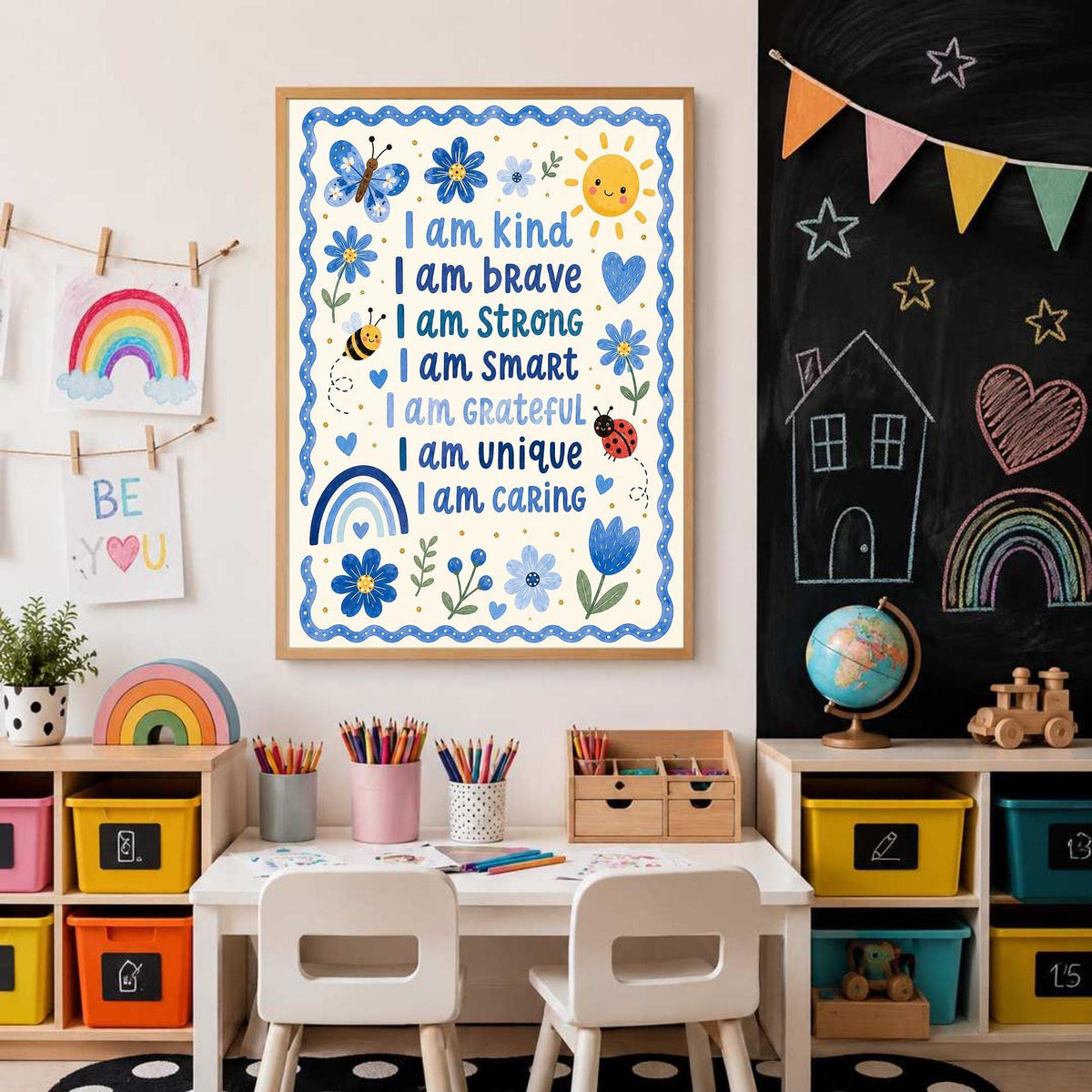 A framed kids affirmation print hangs on a white wall in a playroom beside a chalkboard wall, above a toy storage unit with yellow and green bins.
