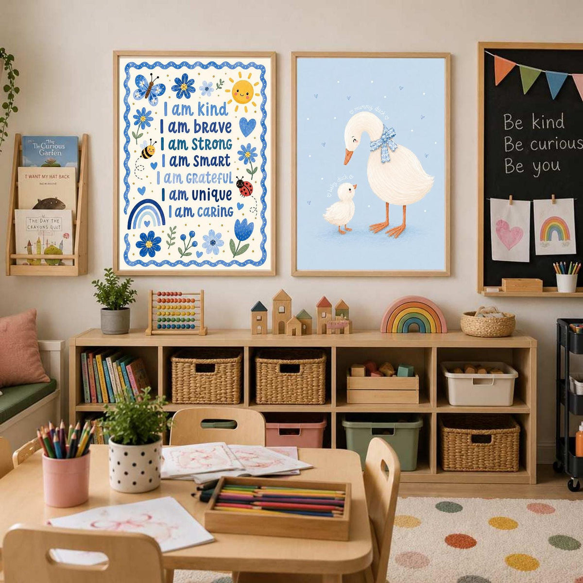 Two framed prints featuring affirmations and a duck hang on a wall above a wooden crib, next to a chalkboard with lettering.
