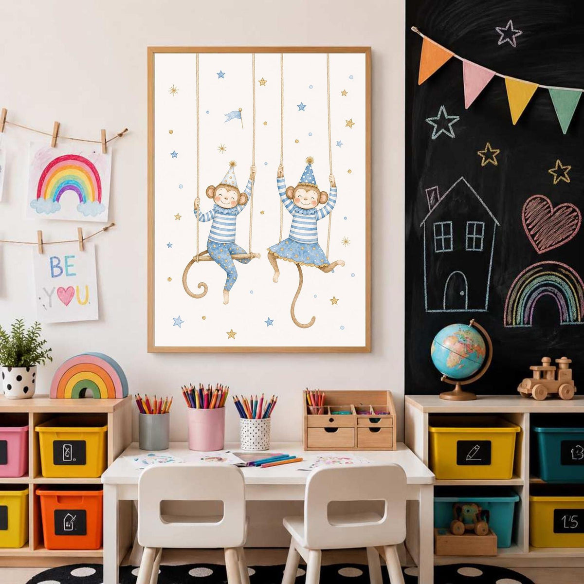 A framed print of two monkeys swinging on ropes hangs between a rainbow art print and a large chalkboard.