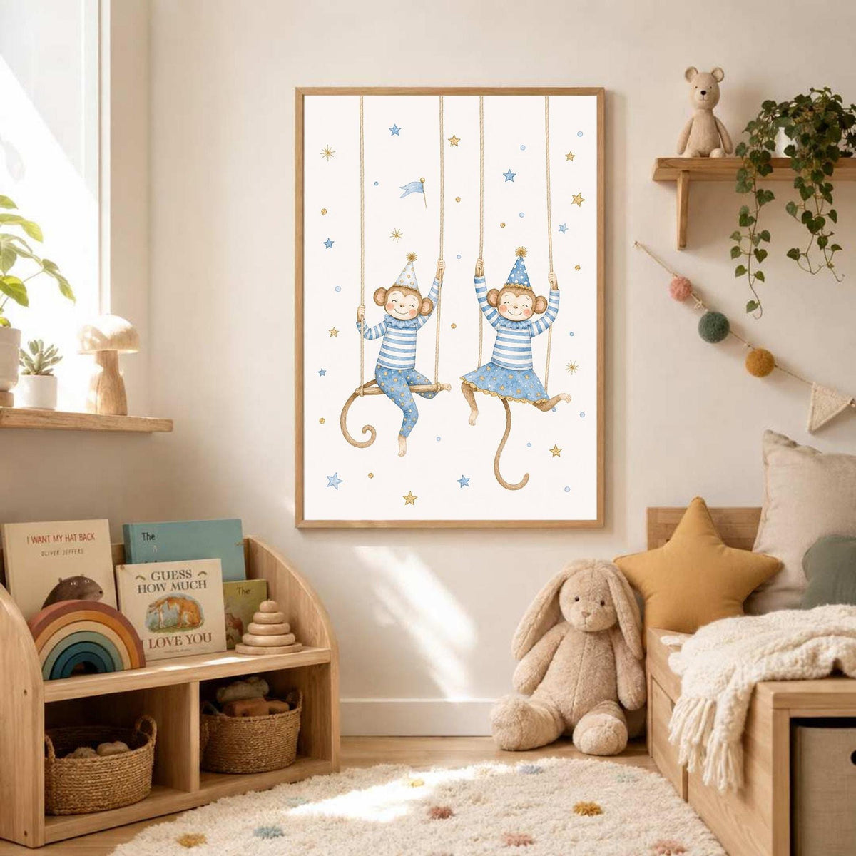 A framed watercolor print of two monkeys on swings is displayed on a wall above a wooden toy shelf.