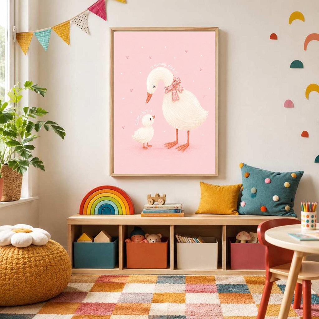 Framed pink duck print hanging in a modern nursery above a wooden toy storage bench and colorful patterned rug.