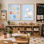 A child's room features two framed wall art prints, a wooden cubby shelf with toys, and a small table with art supplies in the foreground.