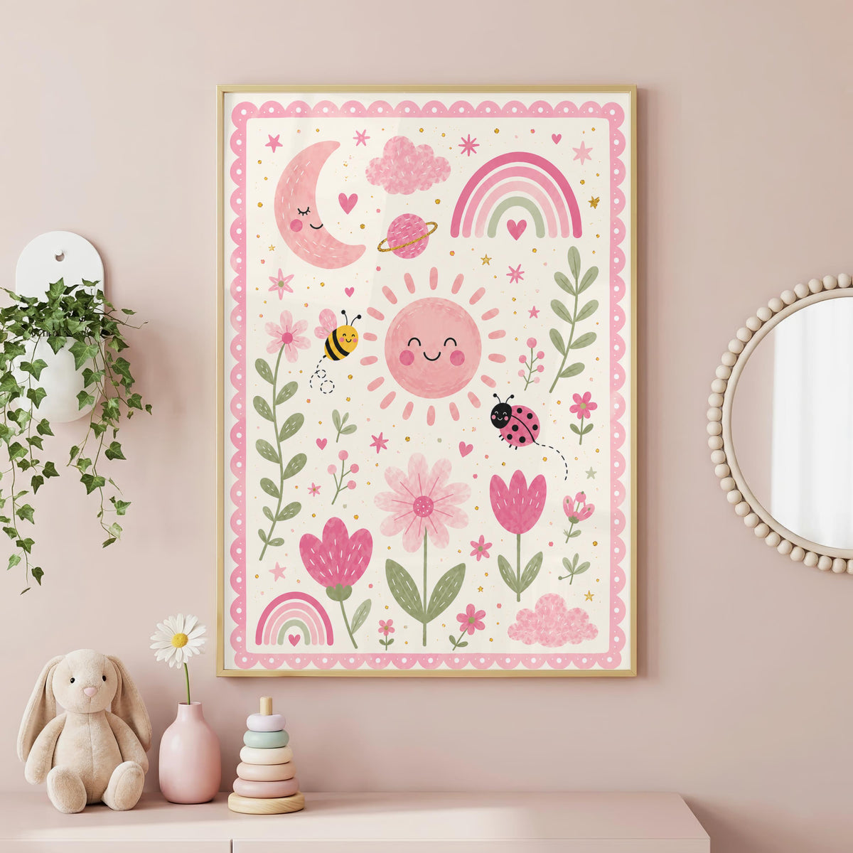A framed pink whimsical poster with floral, sun, moon, and rainbow illustrations hangs on a pink wall above a children's bedroom table.