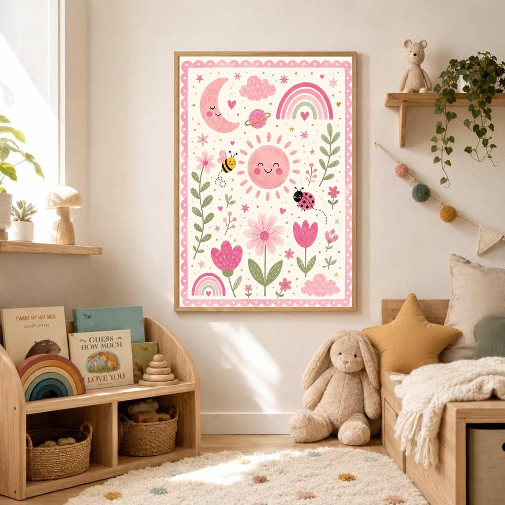 A framed pink nature-themed poster hangs on a white wall above a wooden shelving unit filled with children's books.