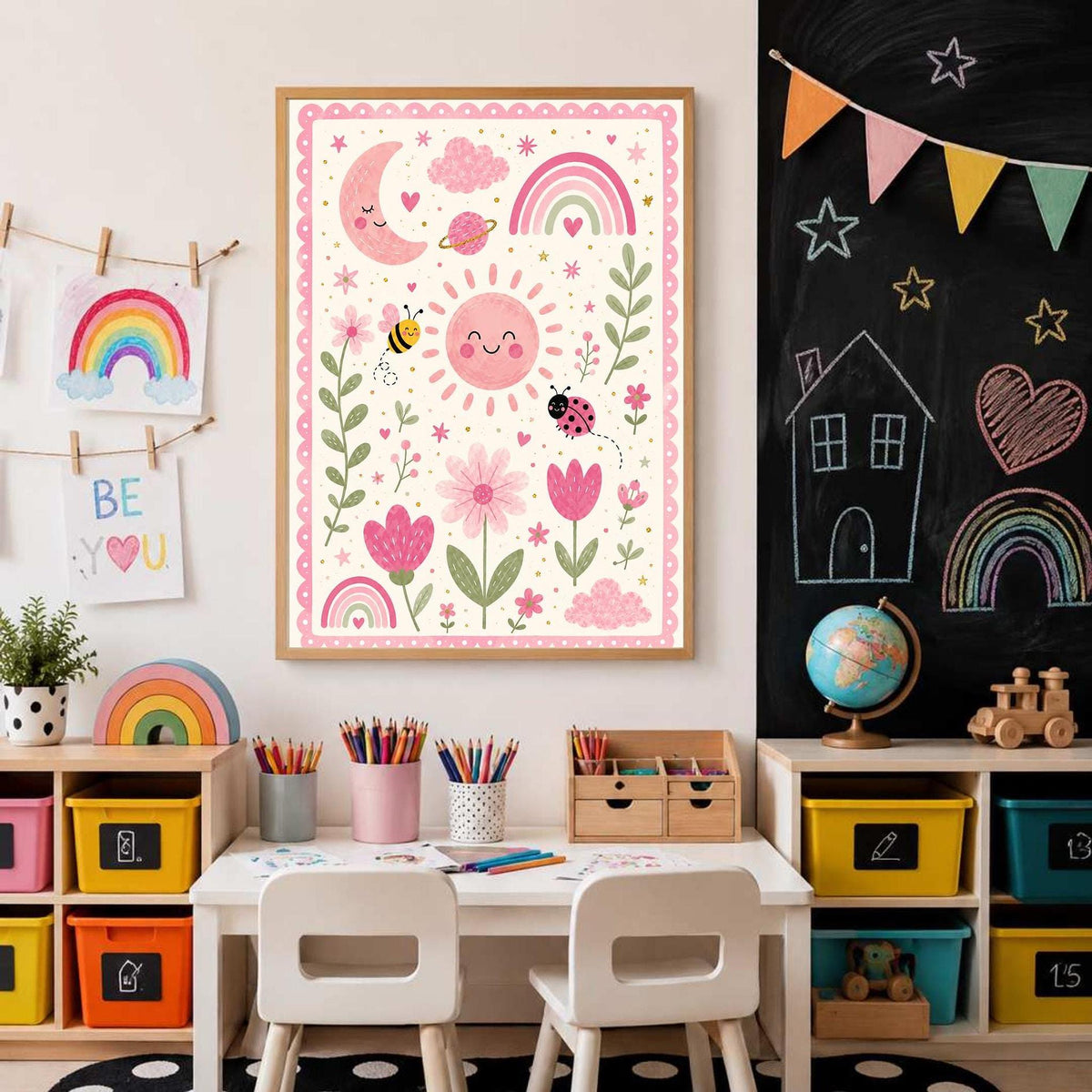 A framed pink whimsical poster hangs next to a chalkboard wall decorated with colorful banners and chalk drawings in a playroom.