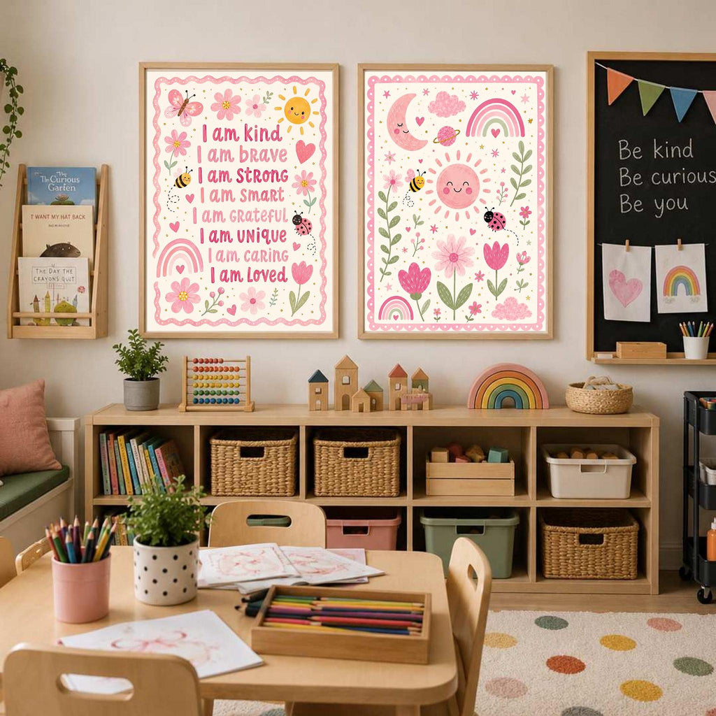 Two framed nursery art prints depicting whimsical pink nature scenes hang on a white wall above a wooden storage console.