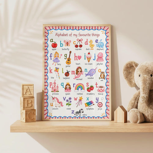 An alphabet poster in a wooden frame rests on a wooden shelf next to wooden ABC blocks, a small wooden house, and a plush elephant toy.