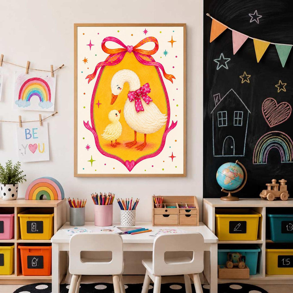 A framed goose print hangs on a white wall next to a blackboard wall with chalk drawings, above toy storage units filled with colorful bins and a globe.