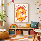 A framed mother goose and duckling print hangs above a toy shelf holding colorful books and a wooden rainbow stacker in a children's room with a colorful rug.