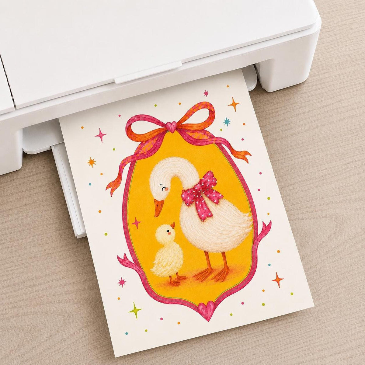 A white home printer rests on a wooden desk, printing out a whimsical illustration of a mother goose with a pink bow and her yellow duckling.