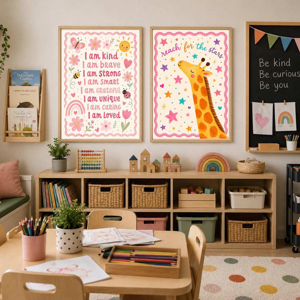 Two framed children's prints featuring an affirmation poster and an illustrated giraffe with reach for the stars text hang on a white wall above a wooden shelving unit in a room with a desk and chairs.