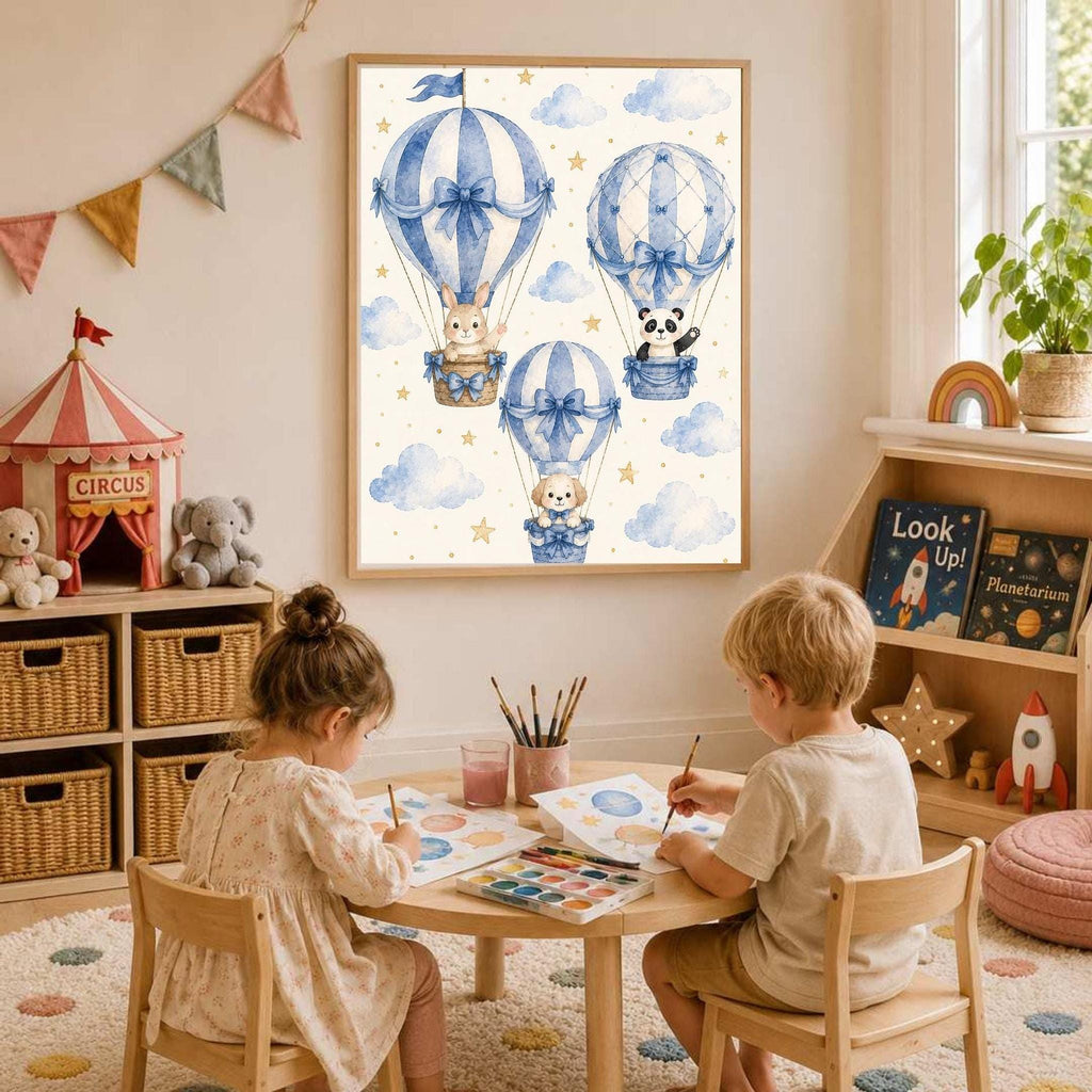 Child play area with a large framed watercolor of blue hot air balloons hanging above a low wooden cubby shelf filled with art supplies.