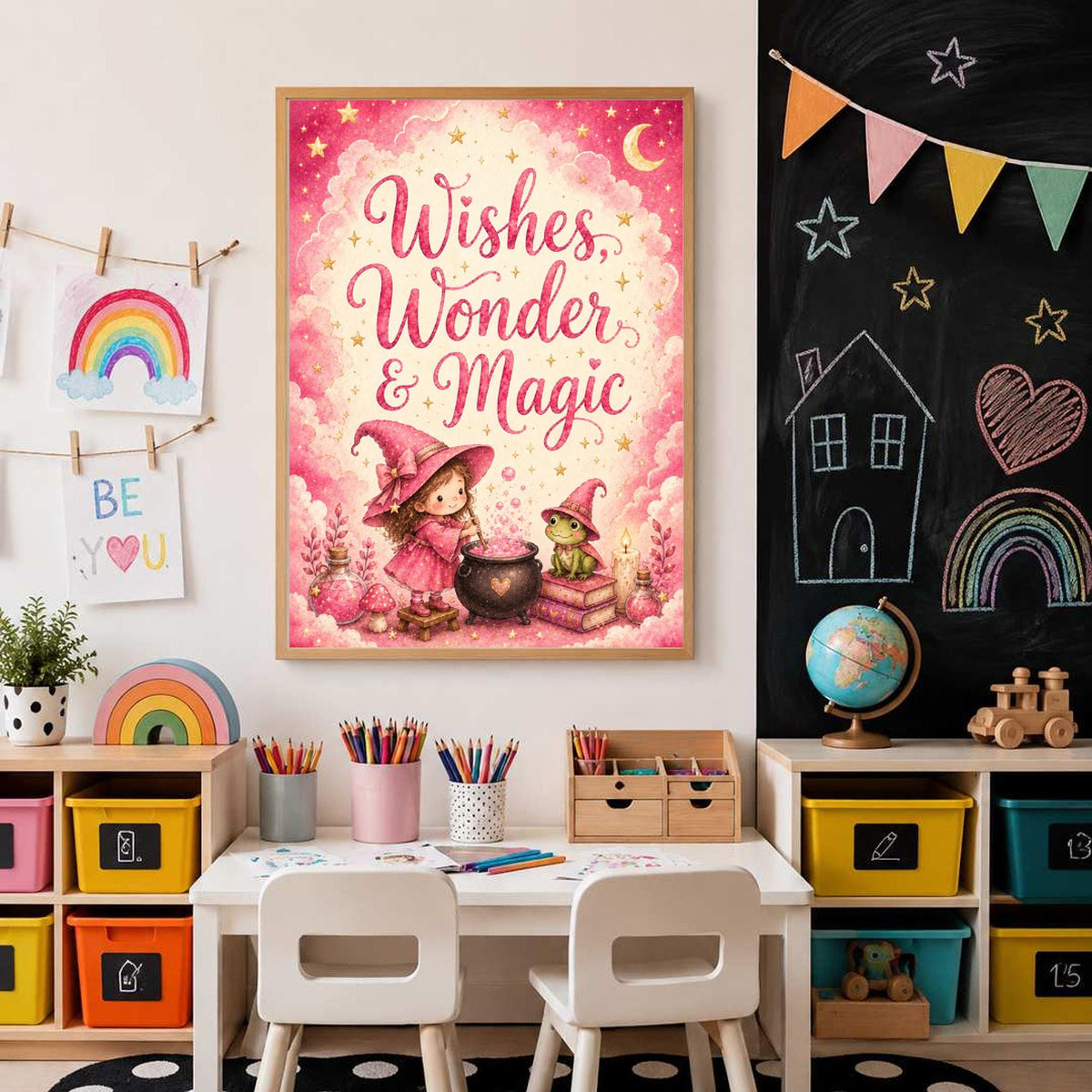 A framed Wishes Wonder and Magic art print mounted on a wall above a children art table and chalkboard.