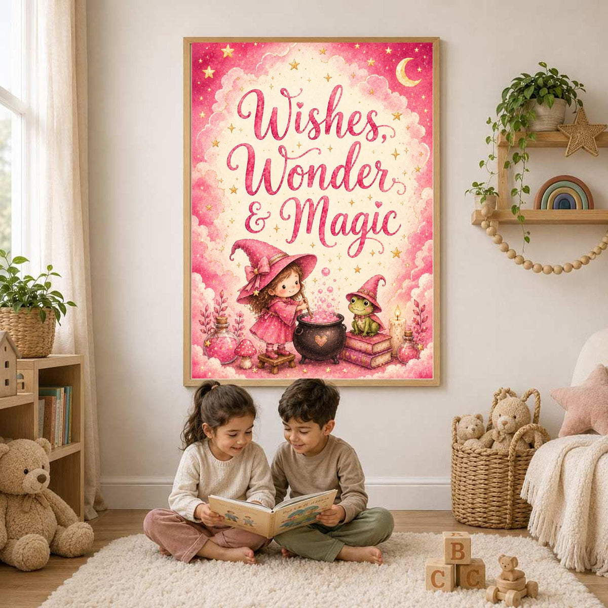 A framed Wishes Wonder and Magic print hanging on a wall above two children sitting on a rug and reading a book.