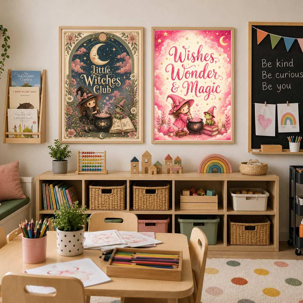 Two framed fantasy art prints hanging side by side on a wall above a bookshelf in a child room.