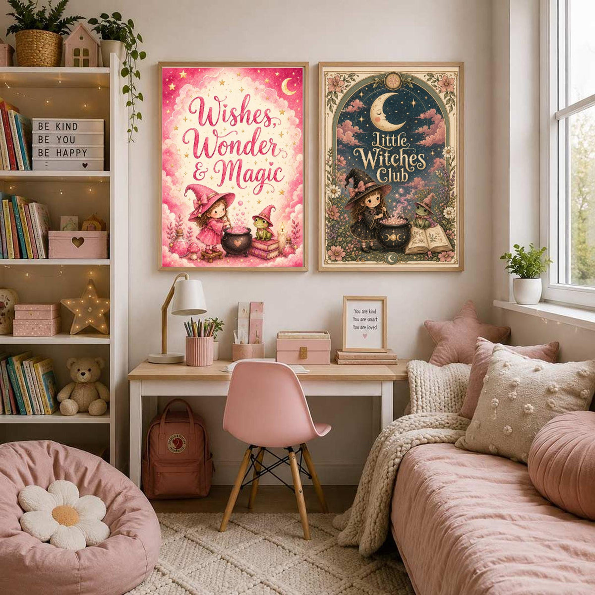 Two framed fantasy prints titled Wishes Wonder and Magic and Little Witches Club hanging on a wall above a desk.