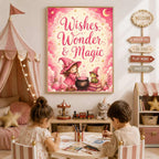 A framed poster featuring a pink fantasy illustration with the text Wishes, Wonder and Magic, hanging above two young children coloring at a table in a playroom.