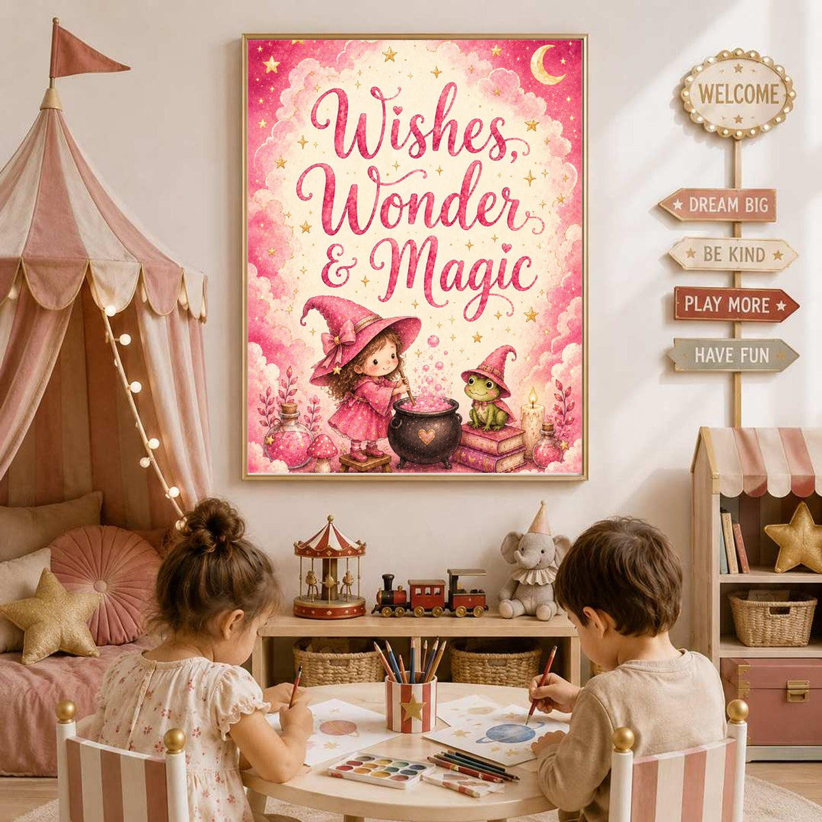 A framed poster featuring a pink fantasy illustration with the text Wishes, Wonder and Magic, hanging above two young children coloring at a table in a playroom.