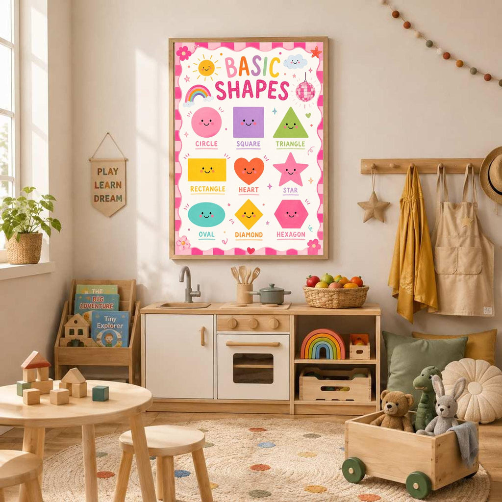 A framed basic shapes educational poster hangs on a wall above a childs play kitchen in a playroom.