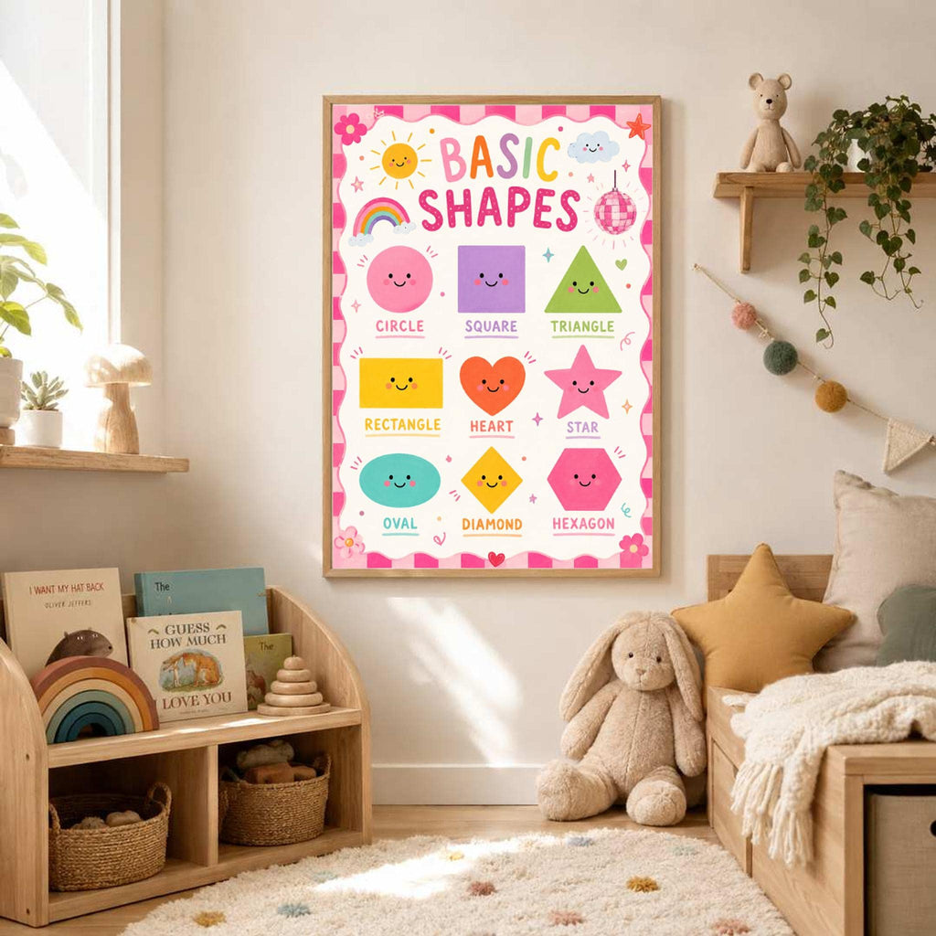A framed basic shapes print hangs on a pink and white striped wall above a wooden toy shelf.