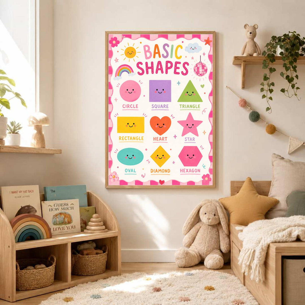 A framed basic shapes print hangs on a pink and white striped wall above a wooden toy shelf.