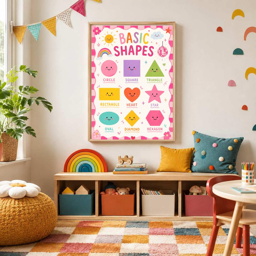 A framed basic shapes poster hangs centered above a low wooden cubby shelf and a colorful rug.