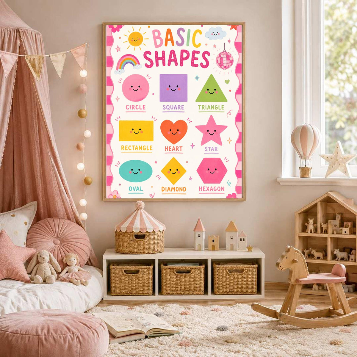A framed basic shapes poster hangs on a wall in a nursery next to a pink canopy bed and a rocking horse.
