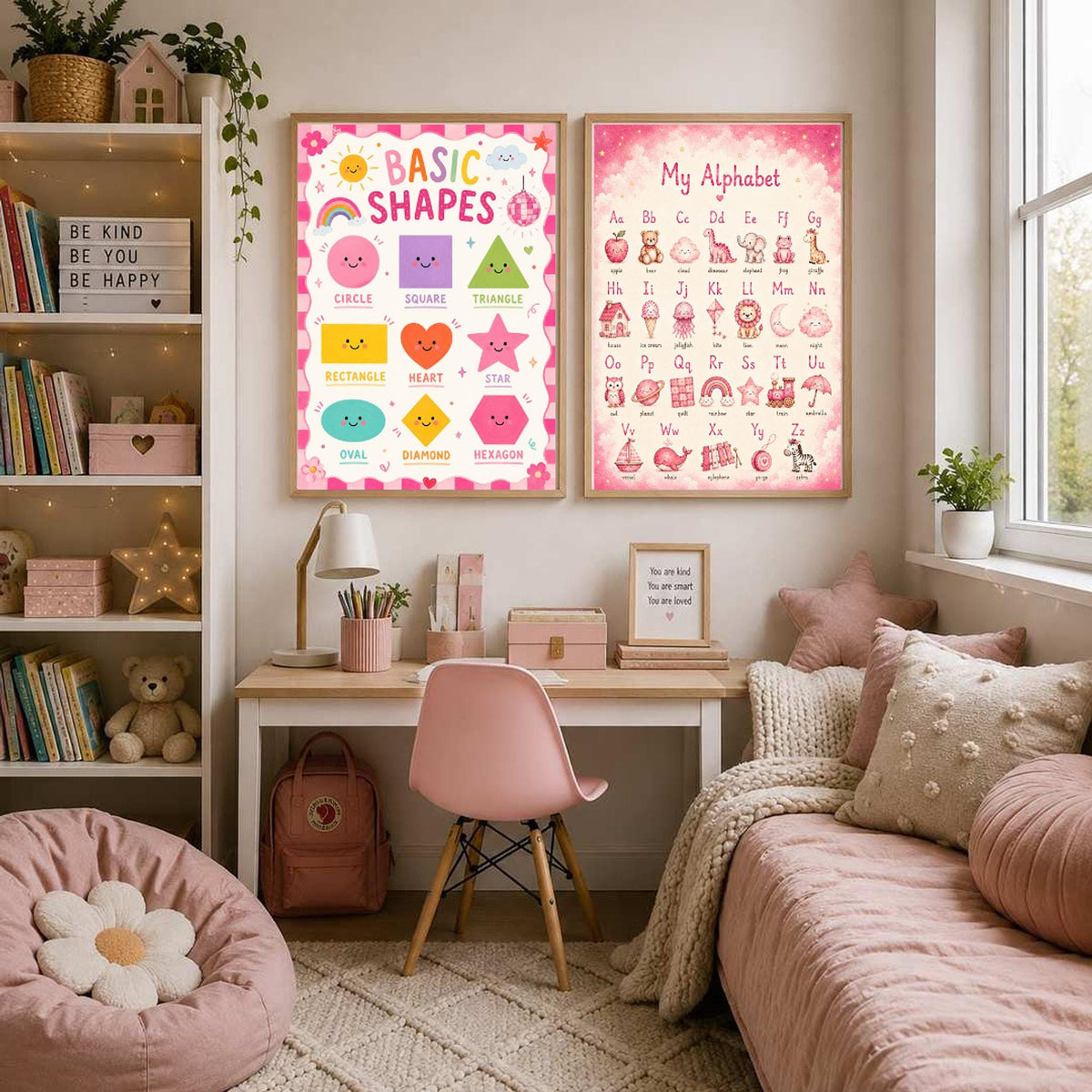 A framed basic shapes poster and a framed alphabet poster hang on a wall above a desk and a daybed in a bedroom.